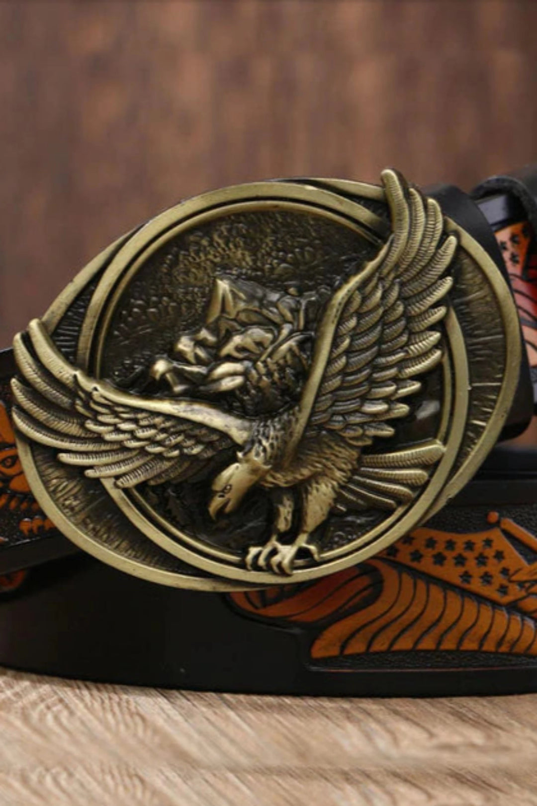 Engraved Detailing Chunky Bronze Eagle Buckle Tan Brown Vegan Leather Belt