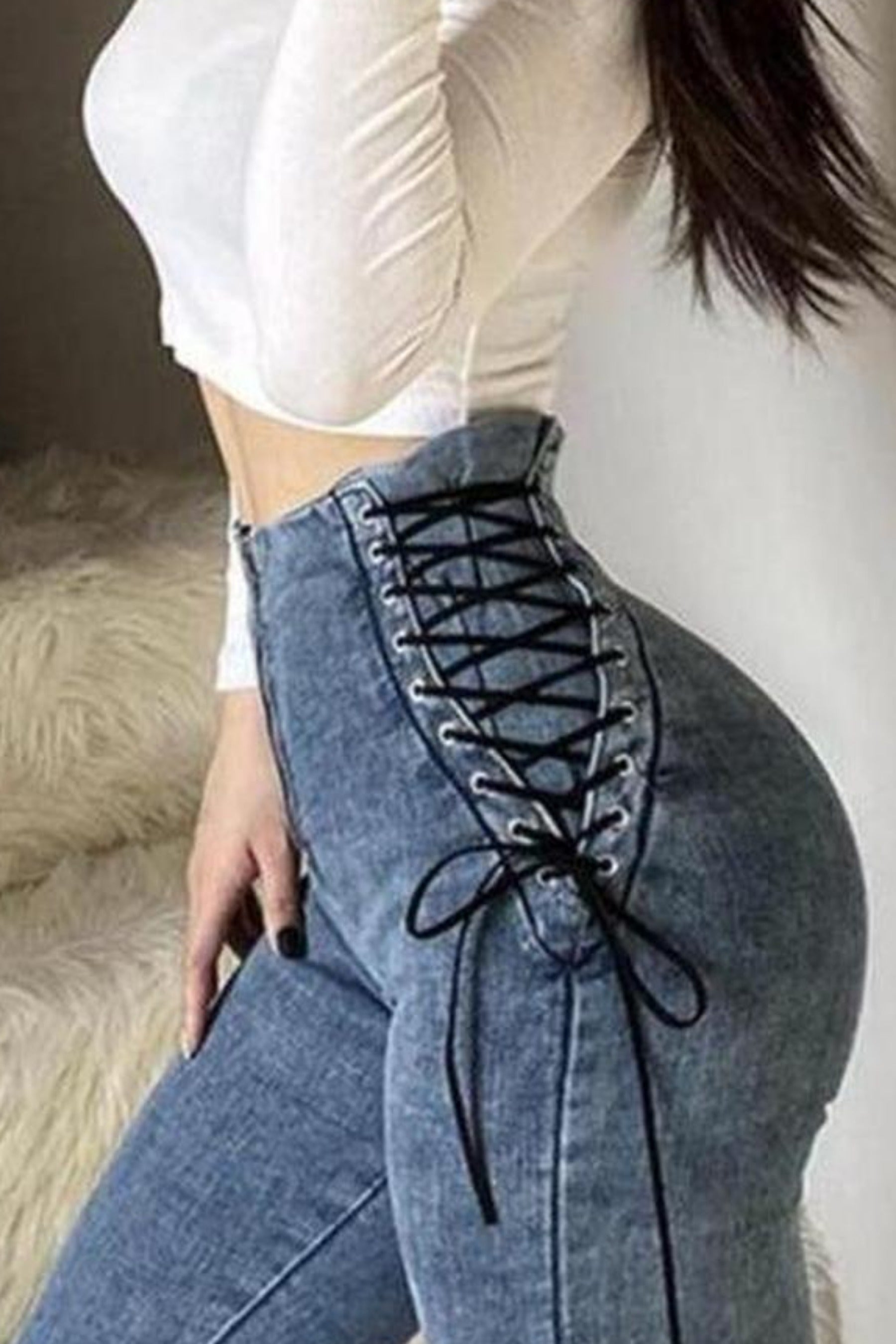 Blue Wash Denim High Waisted Lace Up Zip Front Super Skinny Jeans