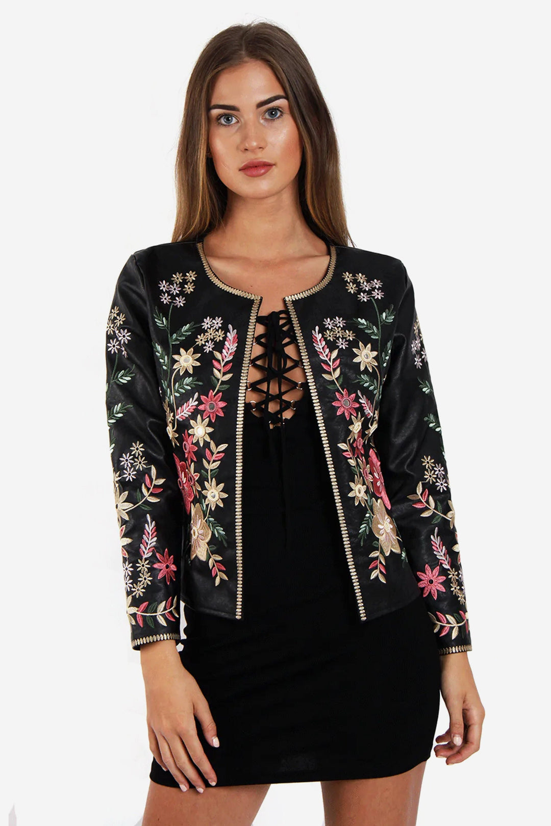 Dainty Y2K Floral Embroidery Vegan Leather Jacket, Black Faux Leather Jacket, Multicolor Flower Design