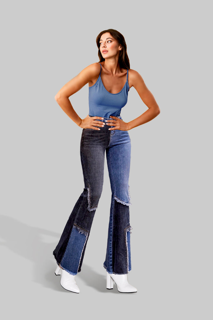Cowgirl Black & Blue Denim Patchwork Flared Jeans