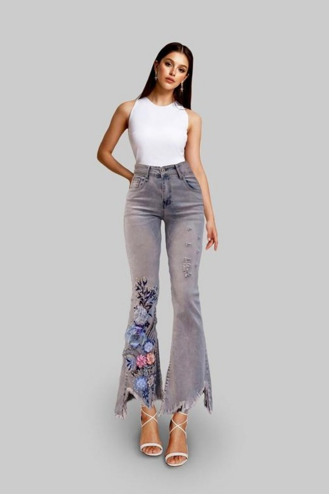 I'll Bring You Flowers Grey Wash Flared Jeans - Hayati London