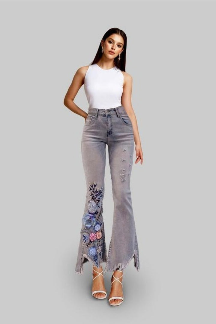 I'll Bring You Flowers Grey Wash Flared Jeans - Hayati London