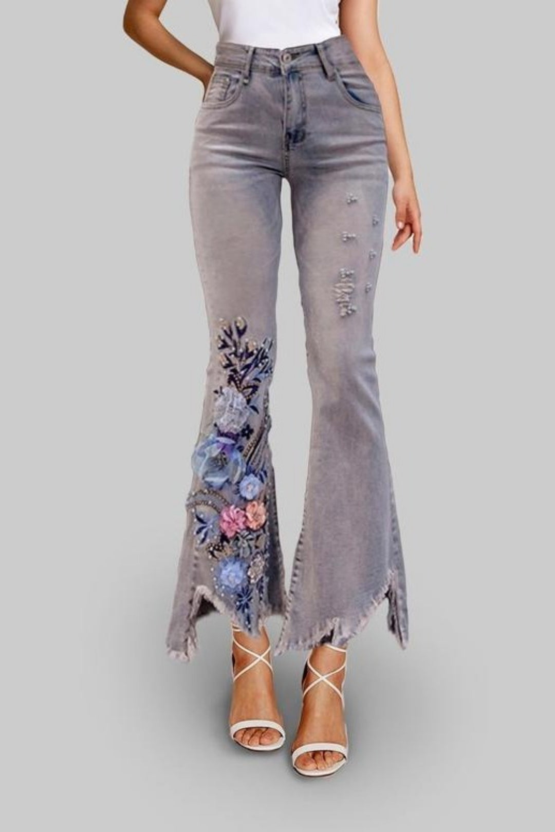 I'll Bring You Flowers Grey Wash Flared Jeans - Hayati London