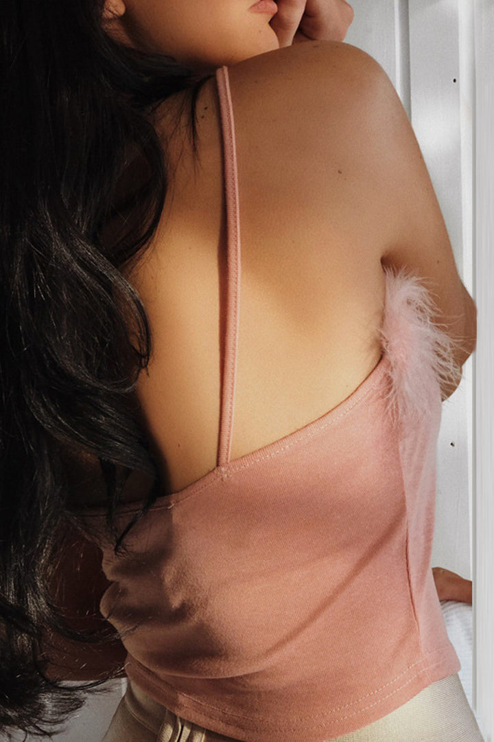 Bubblegum Pink Faux Feather Trim Cami Crop Top