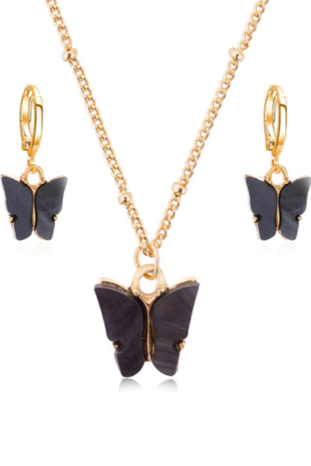Opal Gemstone Gold Butterfly Chain Necklace & Dangle Drop Earrings Jewelry Set