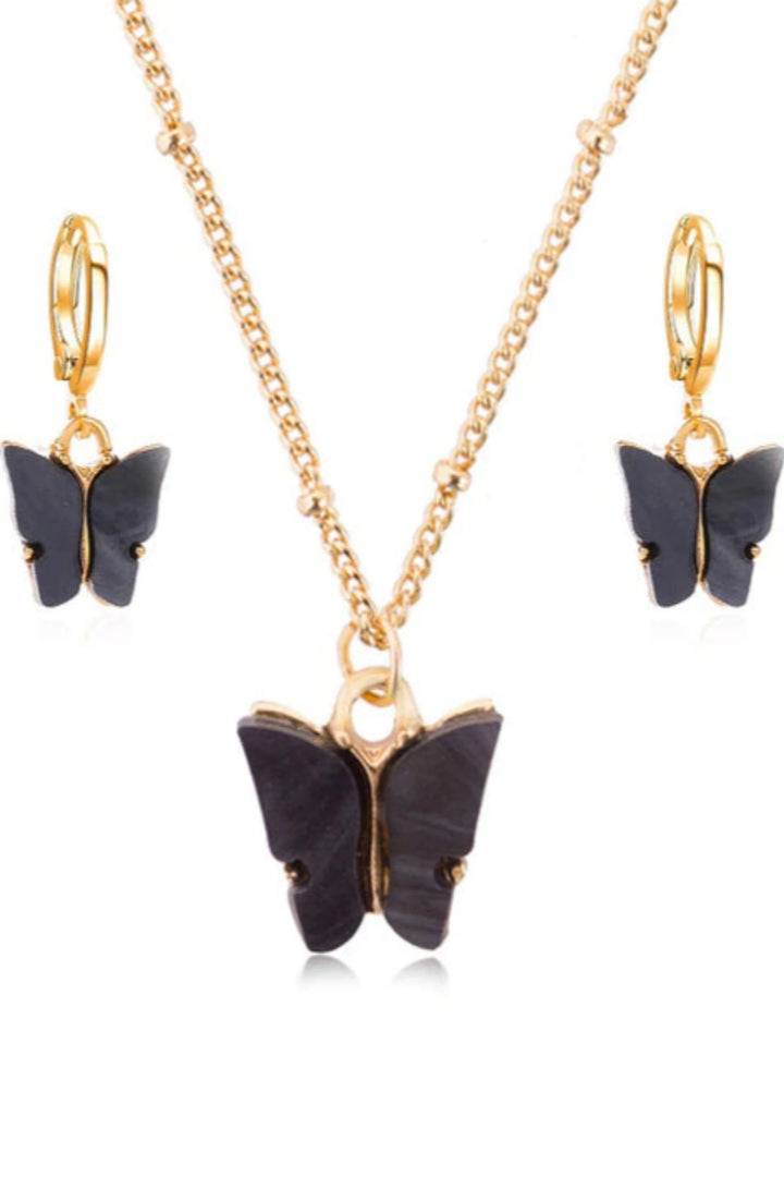 Opal Gemstone Gold Butterfly Chain Necklace & Dangle Drop Earrings Jewelry Set