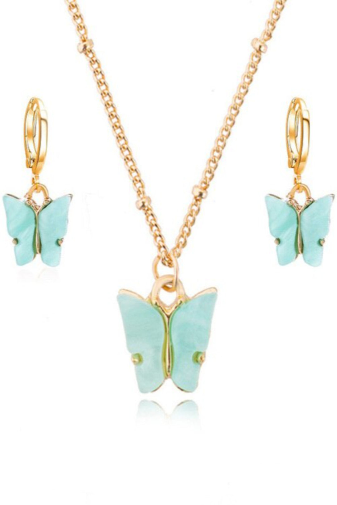 Opal Gemstone Gold Butterfly Chain Necklace & Dangle Drop Earrings Jewelry Set