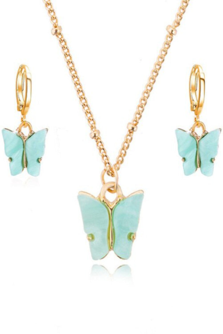 Opal Gemstone Gold Butterfly Chain Necklace & Dangle Drop Earrings Jewelry Set
