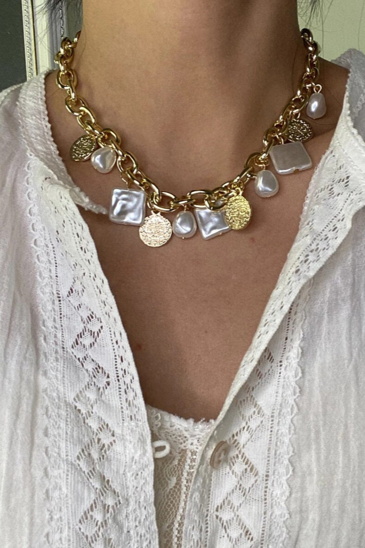 Chunky Faux Pearl & Metal Coin Decor Chain Necklace, Available in Gold & Silver