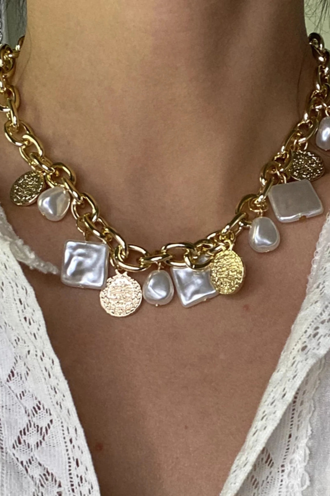 Chunky Faux Pearl & Metal Coin Decor Chain Necklace, Available in Gold & Silver