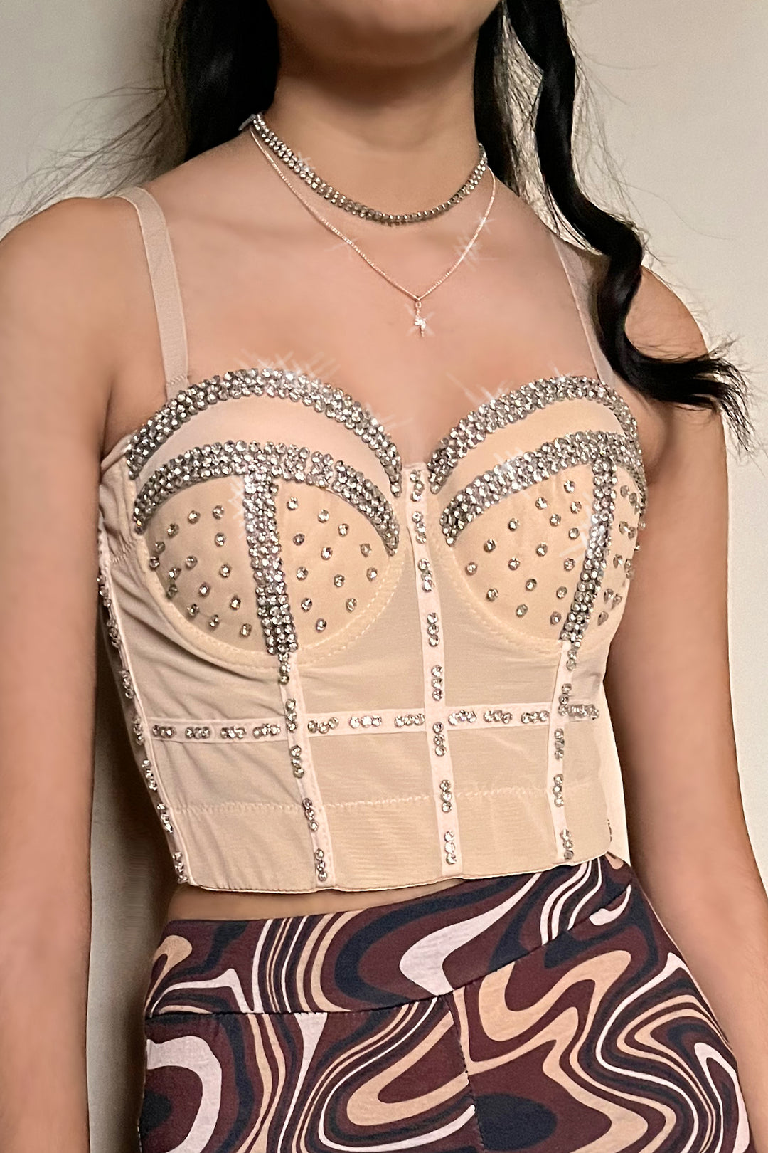 Rhinestone Diamond Bustier, Crop Top, Black, Nude colors, Stunning Sparkly Top