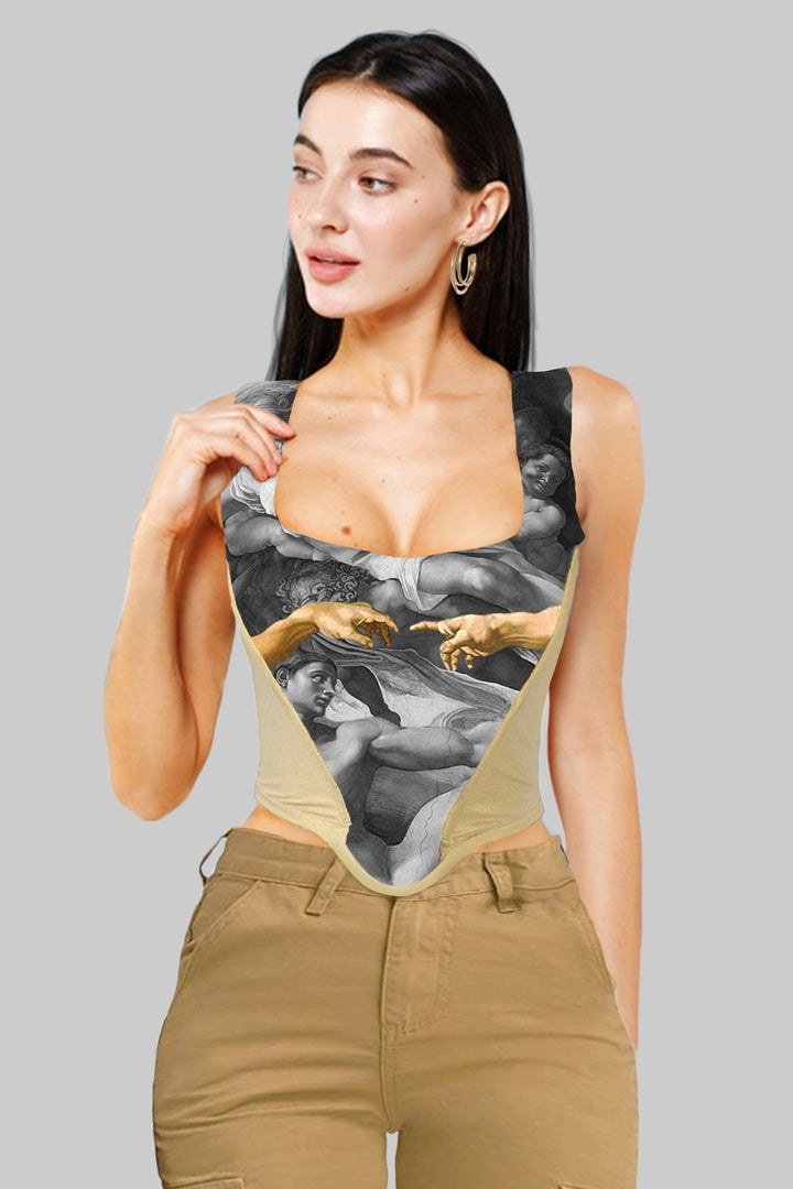 Michelangelo Inspired Print Corset Top, Sistine Chapel Theme Renaissance Design, Edgy Vintage Sleeveless Vest, Original Design Crop Top - Hayati London