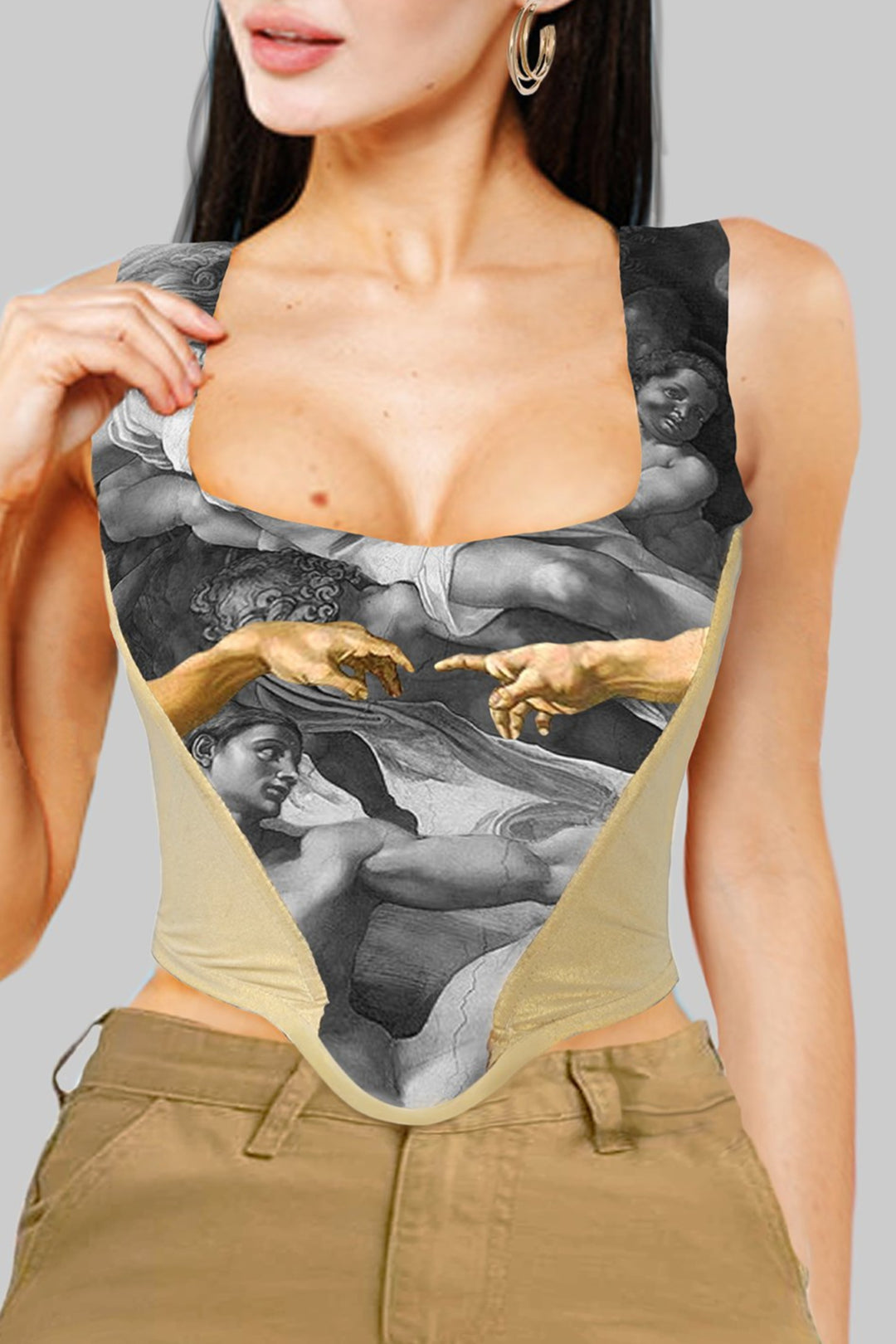 Michelangelo Inspired Print Corset Top, Sistine Chapel Theme Renaissance Design, Edgy Vintage Sleeveless Vest, Original Design Crop Top - Hayati London