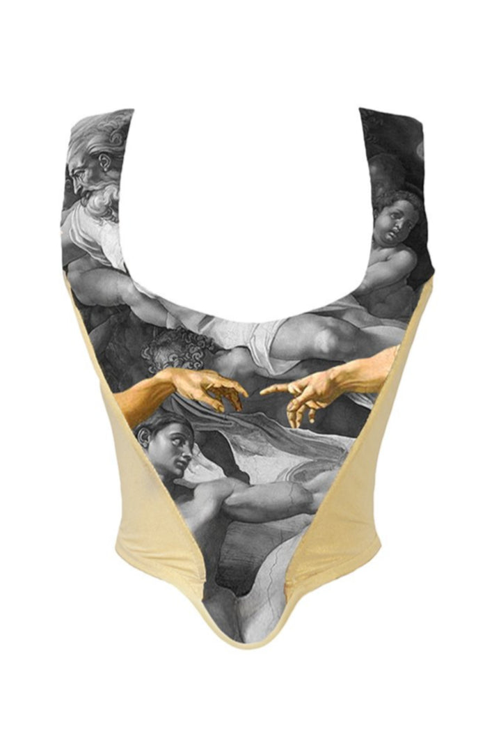 Michelangelo Inspired Print Corset Top, Sistine Chapel Theme Renaissance Design, Edgy Vintage Sleeveless Vest, Original Design Crop Top - Hayati London