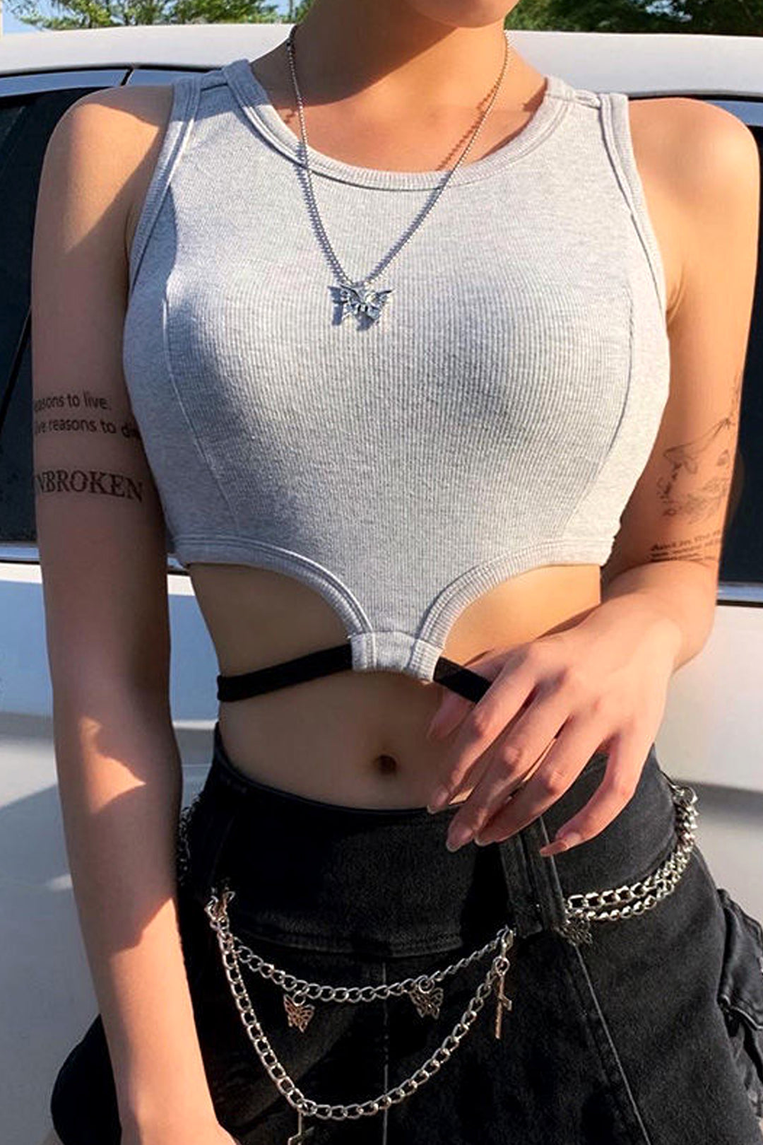Grey Front Cut Out Black Lace Up Waist Sleeveless Y2K Crop Top
