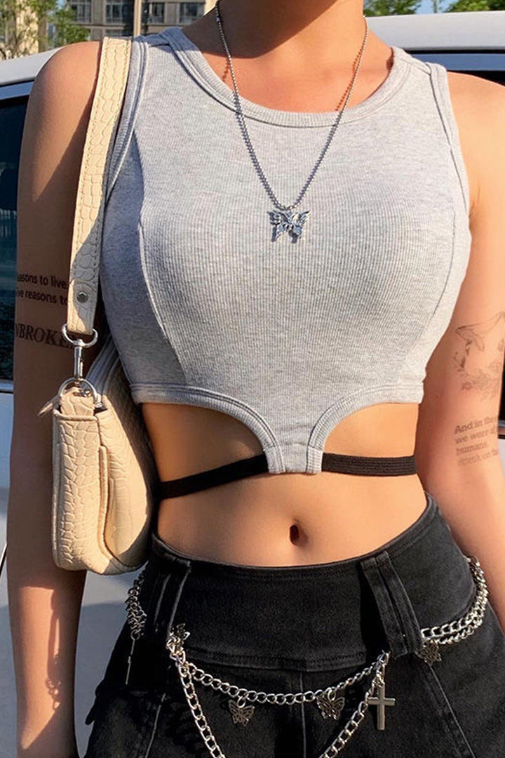 Grey Front Cut Out Black Lace Up Waist Sleeveless Y2K Crop Top