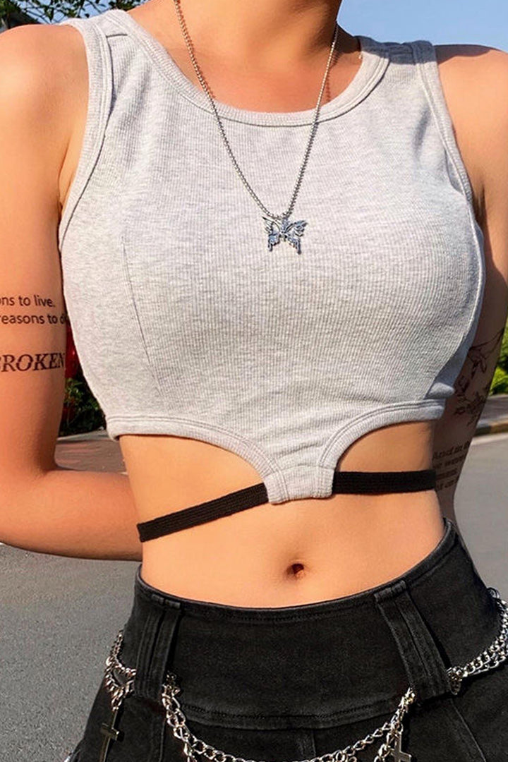 Grey Front Cut Out Black Lace Up Waist Sleeveless Y2K Crop Top