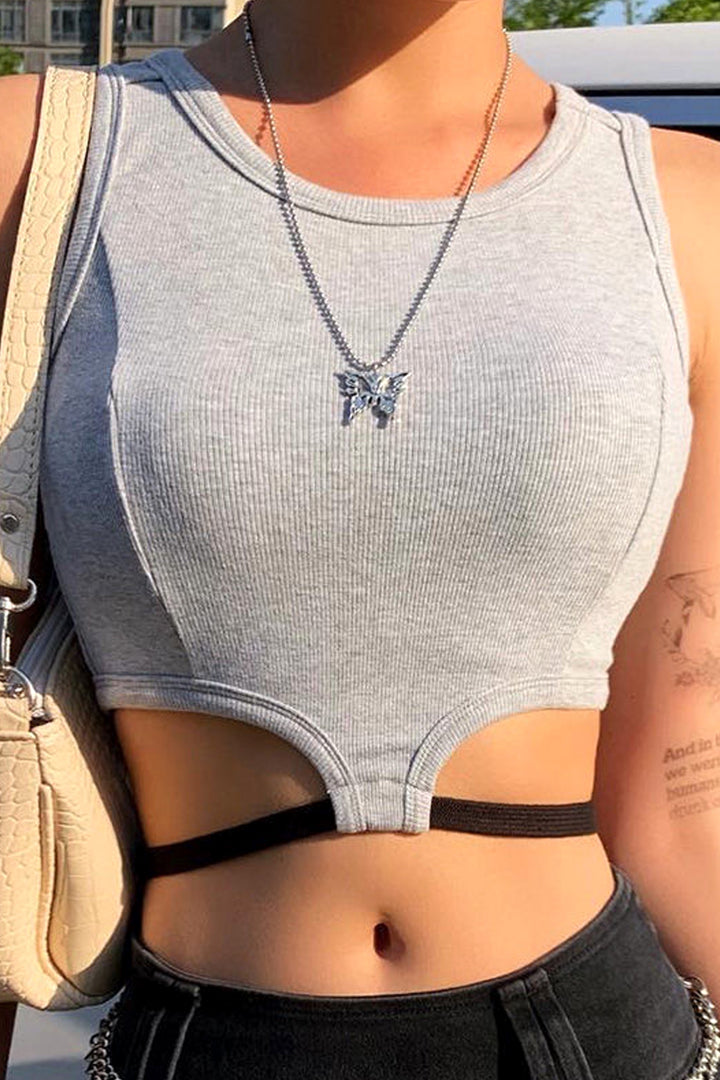 Grey Front Cut Out Black Lace Up Waist Sleeveless Y2K Crop Top