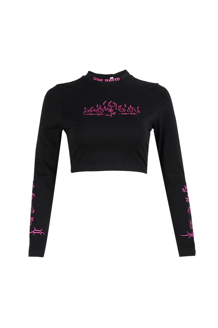 Purple Graphic Turtleneck Long Sleeve Black Crop Top, Graphic Design & Lettering