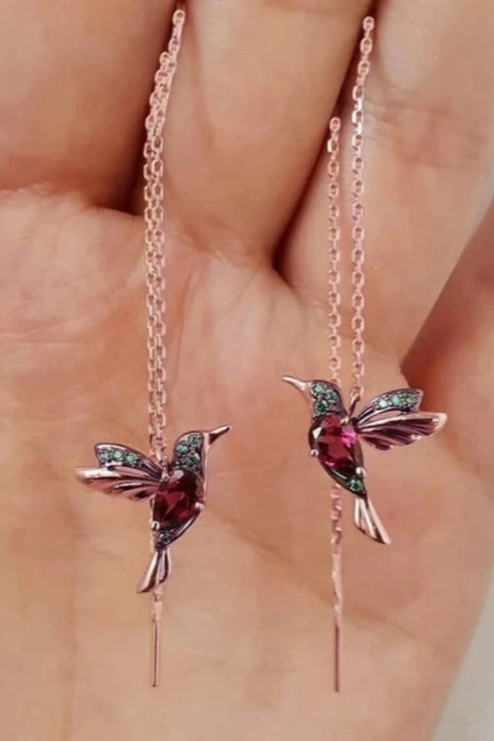 Crystal Rhinestone Hummingbird Charm Gold Dangle Drop Earrings (48 Hour Dispatch)
