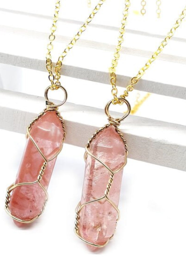Hexagonal Healing Amethyst, Red Quartz, Sandstone & Greenstone Gemstone Crystal Wire Wrap Pendant Silver & Gold Chain Necklace