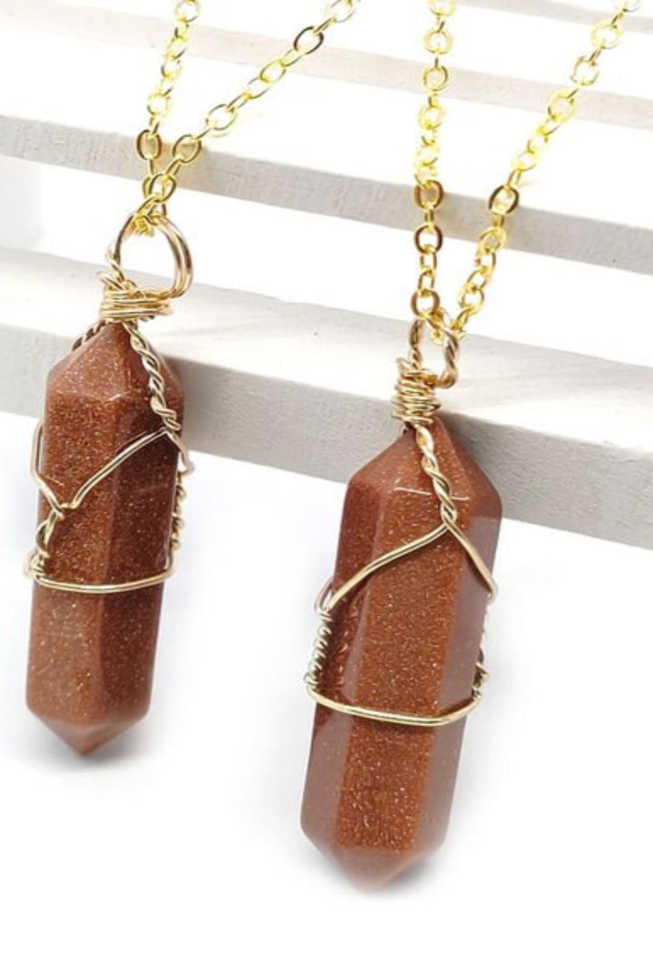 Hexagonal Healing Amethyst, Red Quartz, Sandstone & Greenstone Gemstone Crystal Wire Wrap Pendant Silver & Gold Chain Necklace