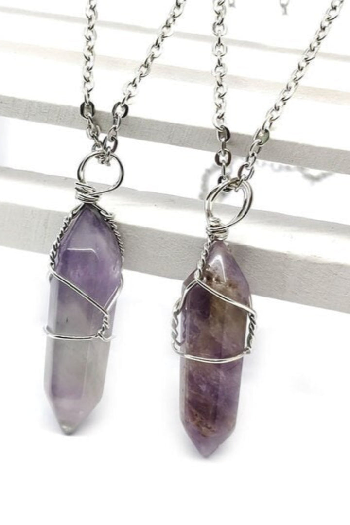 Hexagonal Healing Amethyst, Red Quartz, Sandstone & Greenstone Gemstone Crystal Wire Wrap Pendant Silver & Gold Chain Necklace