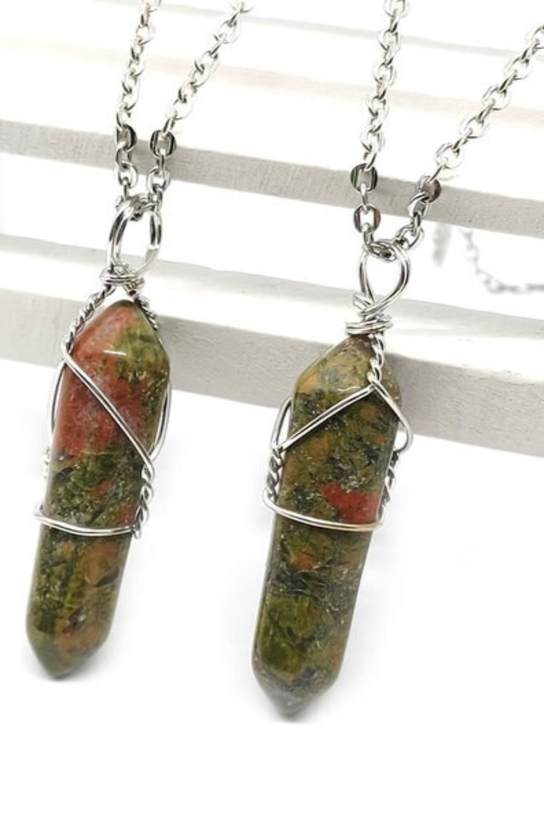 Hexagonal Healing Amethyst, Red Quartz, Sandstone & Greenstone Gemstone Crystal Wire Wrap Pendant Silver & Gold Chain Necklace