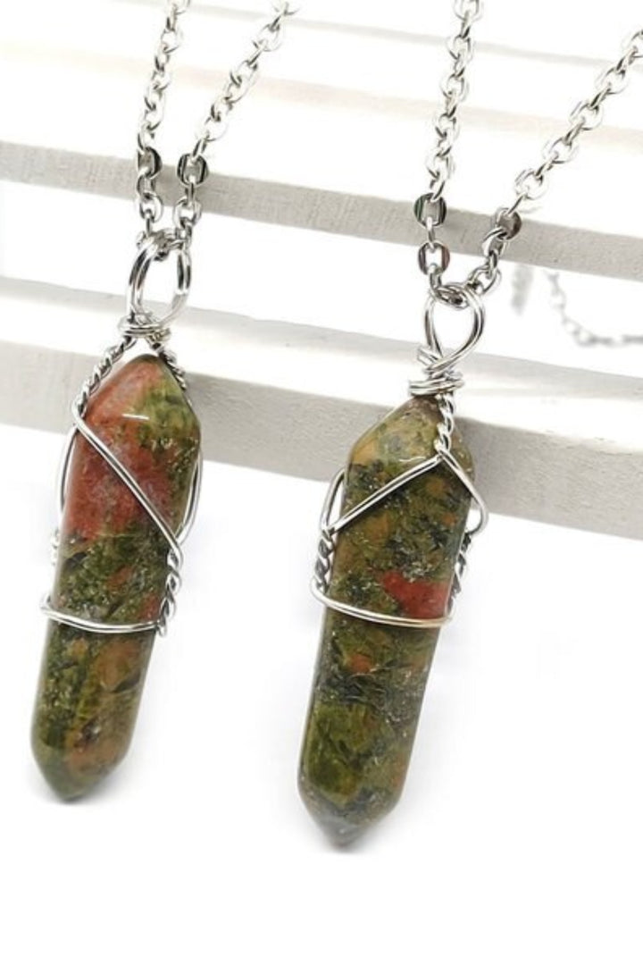 Hexagonal Healing Amethyst, Red Quartz, Sandstone & Greenstone Gemstone Crystal Wire Wrap Pendant Silver & Gold Chain Necklace