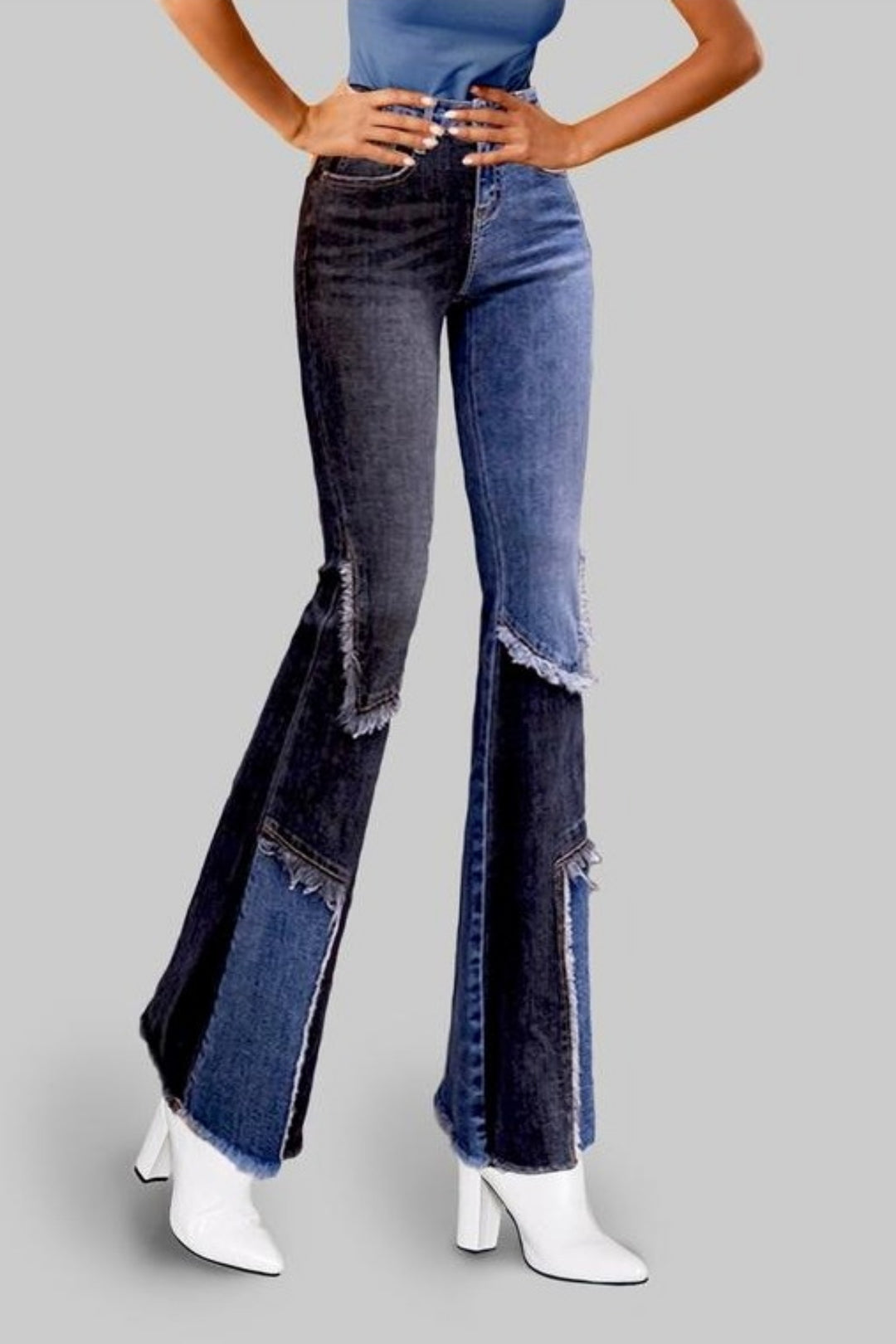 Cowgirl Black & Blue Denim Patchwork Flared Jeans - Hayati London