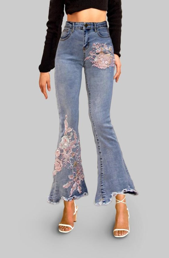 Cherry Blossom Pop Blue Wash Flared Jeans - Hayati London