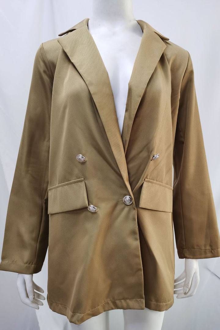 Oversized Beige Double Breasted Long Blazer Jacket, Available in Satin & Suede