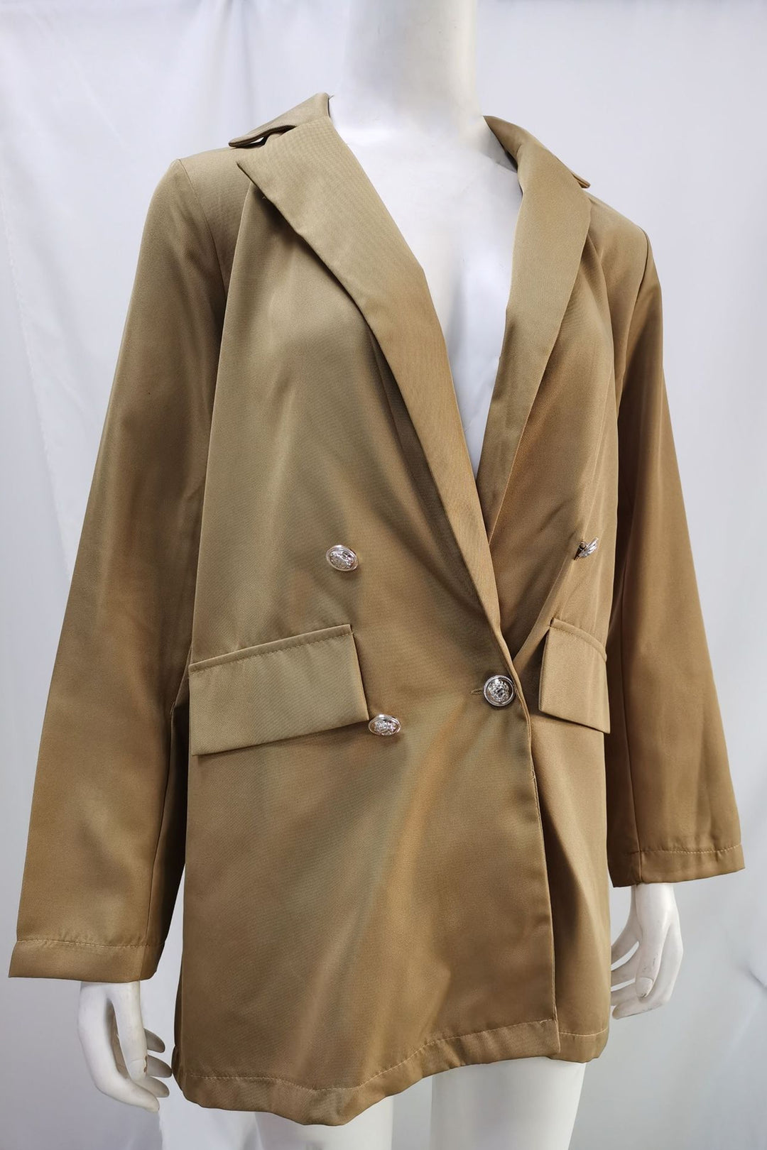Oversized Beige Double Breasted Long Blazer Jacket, Available in Satin & Suede