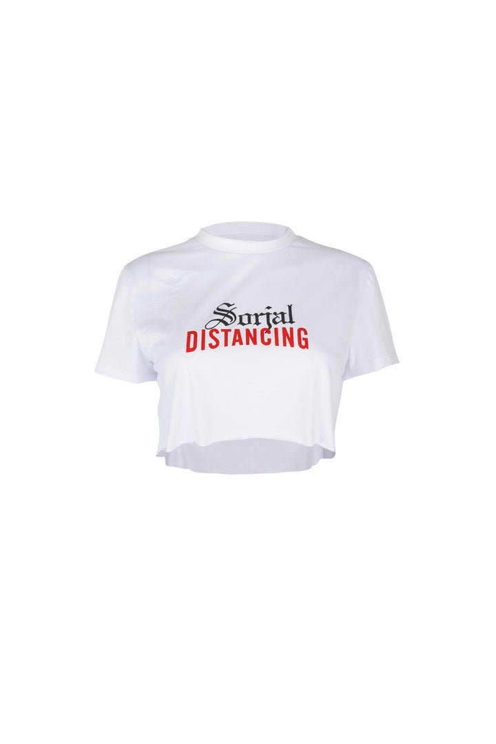 Oversized Graphic White Crop Top, 'Social Distancing' Lettering Short Sleeve Cropped Tee Shirt