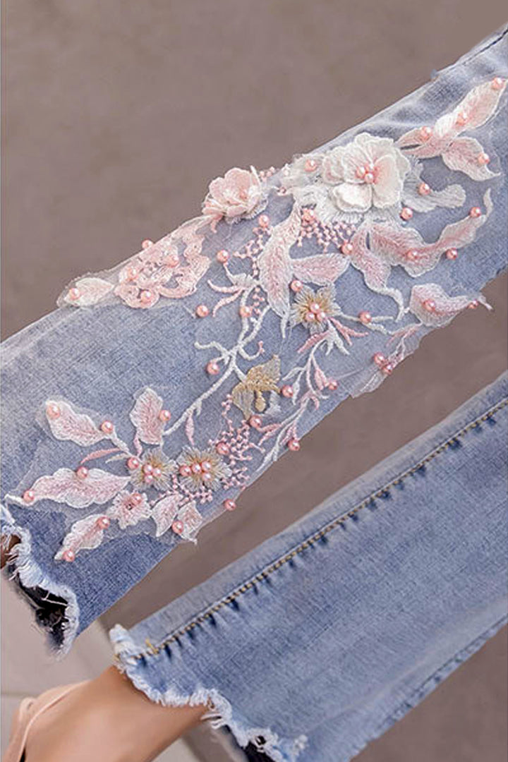 Cherry Blossom Pop Blue Wash Flared Jeans - Hayati London