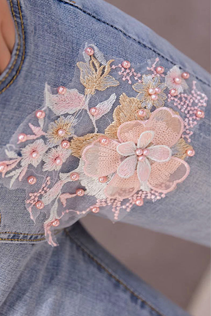 Cherry Blossom Pop Blue Wash Flared Jeans - Hayati London