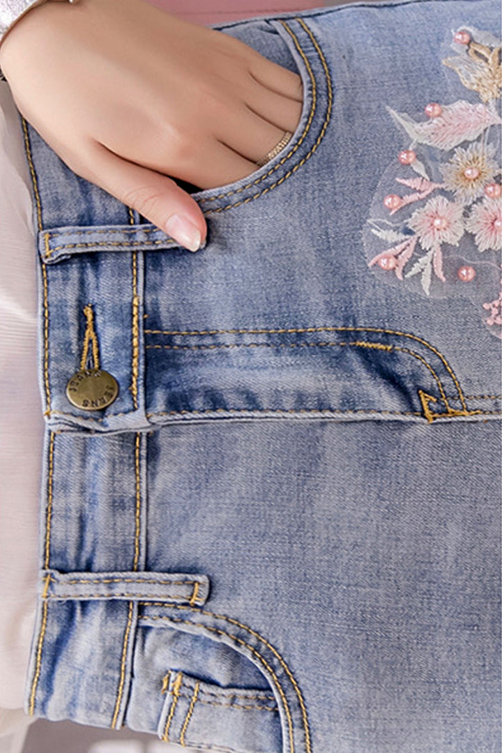 Cherry Blossom Pop Blue Wash Flared Jeans - Hayati London