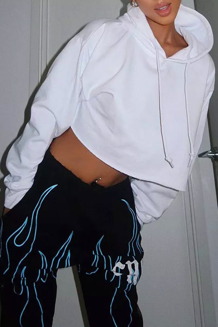 White Oversized Baggy Crop Top Hoodie, Drawstring Hood