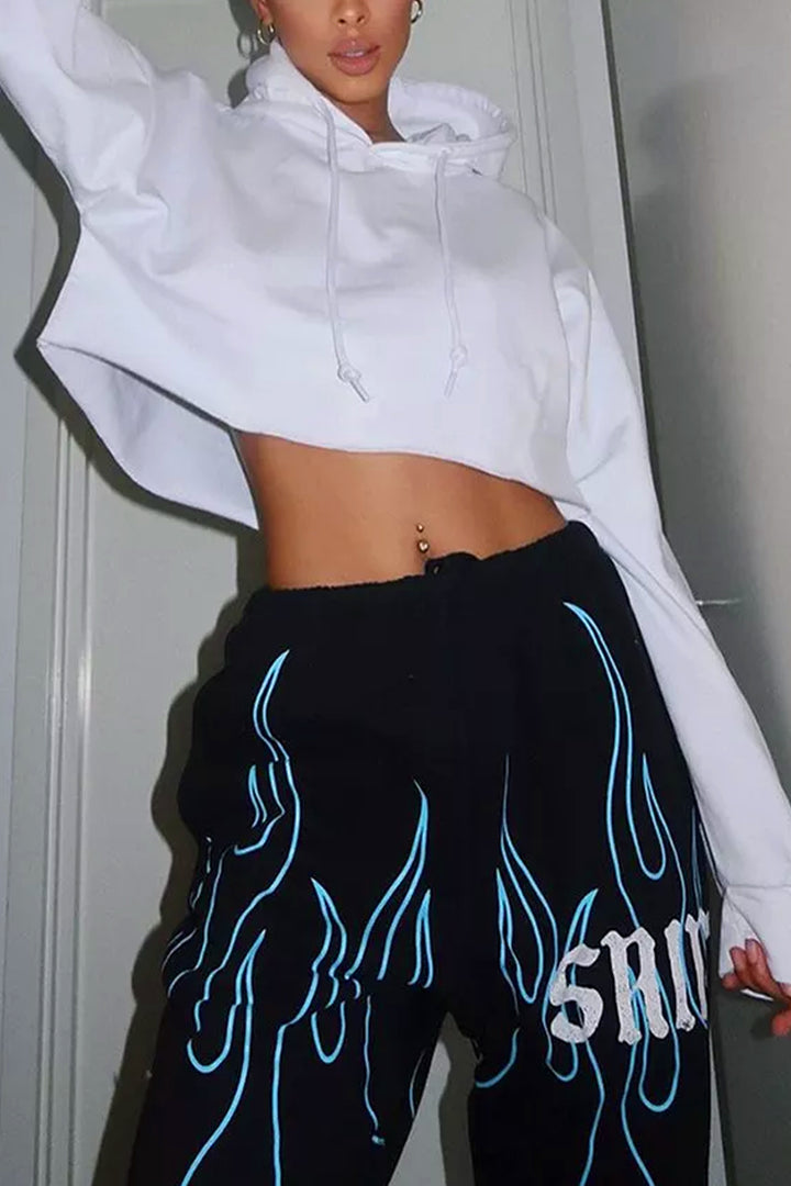 White Oversized Baggy Crop Top Hoodie, Drawstring Hood