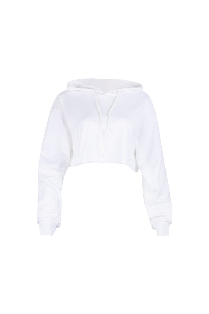 White Oversized Baggy Crop Top Hoodie, Drawstring Hood