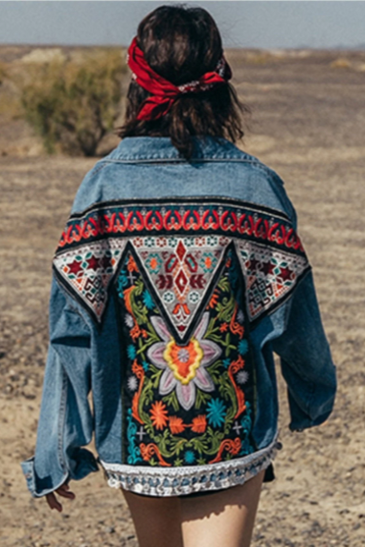 Denim Bohemian Embroidered Back Detail Jacket, Oversized Baggy Multicolor Denim Jacket
