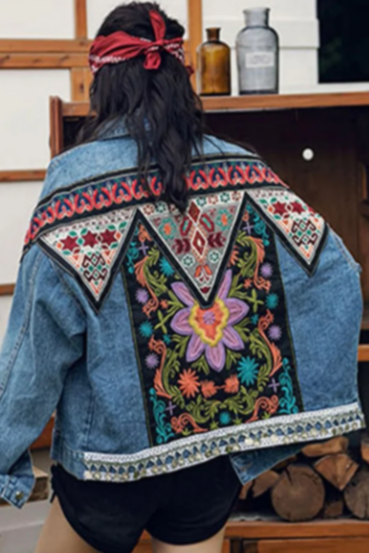 Denim Bohemian Embroidered Back Detail Jacket, Oversized Baggy Multicolor Denim Jacket