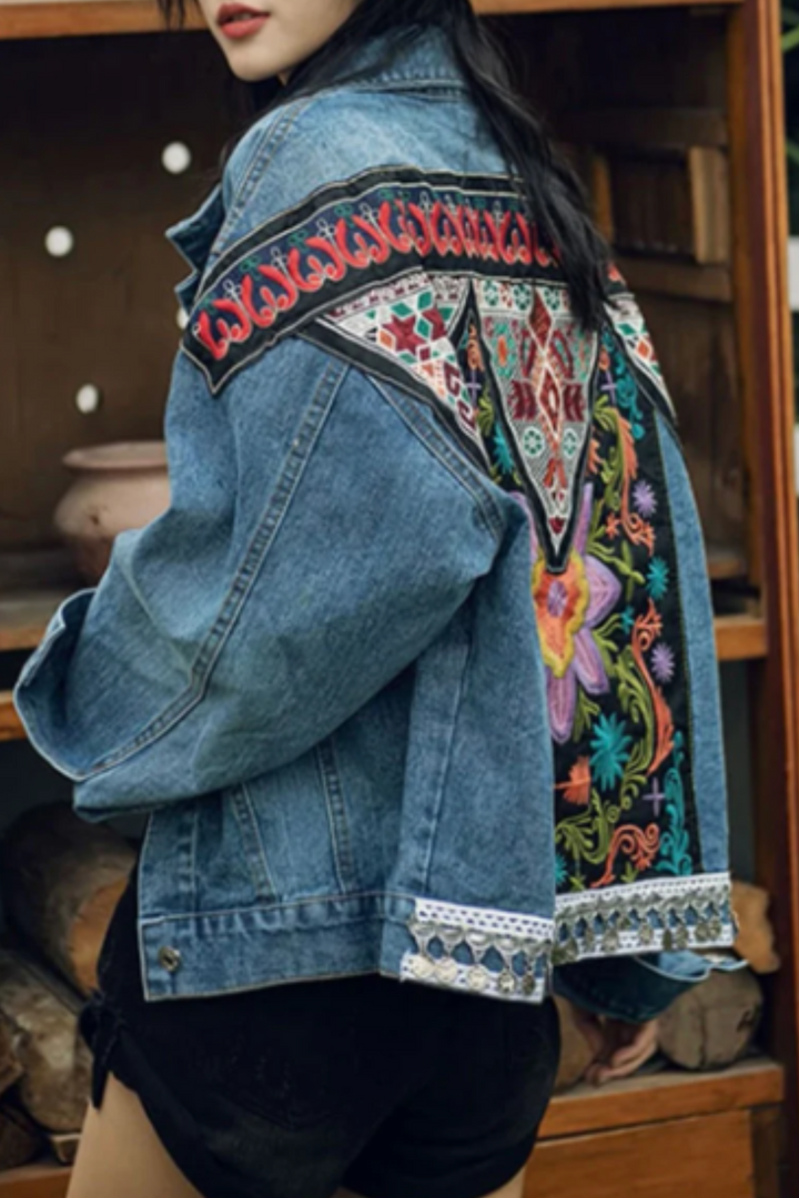 Denim Bohemian Embroidered Back Detail Jacket, Oversized Baggy Multicolor Denim Jacket