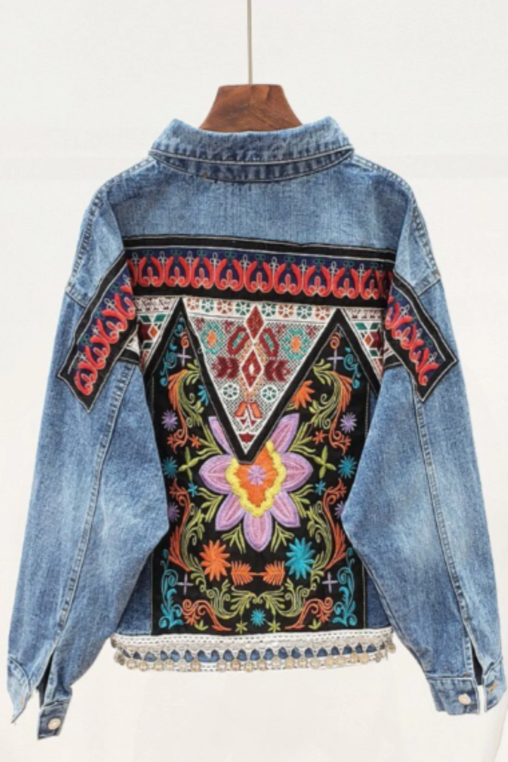 Denim Bohemian Embroidered Back Detail Jacket, Oversized Baggy Multicolor Denim Jacket
