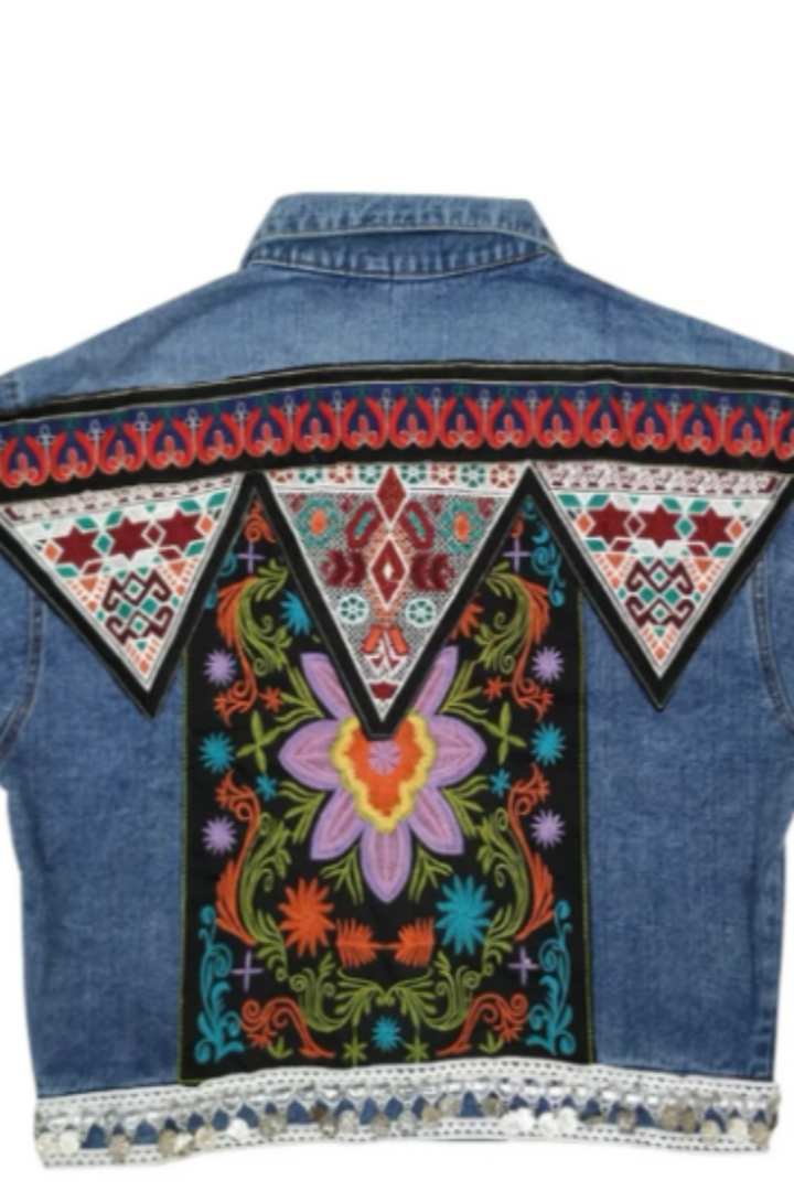 Denim Bohemian Embroidered Back Detail Jacket, Oversized Baggy Multicolor Denim Jacket