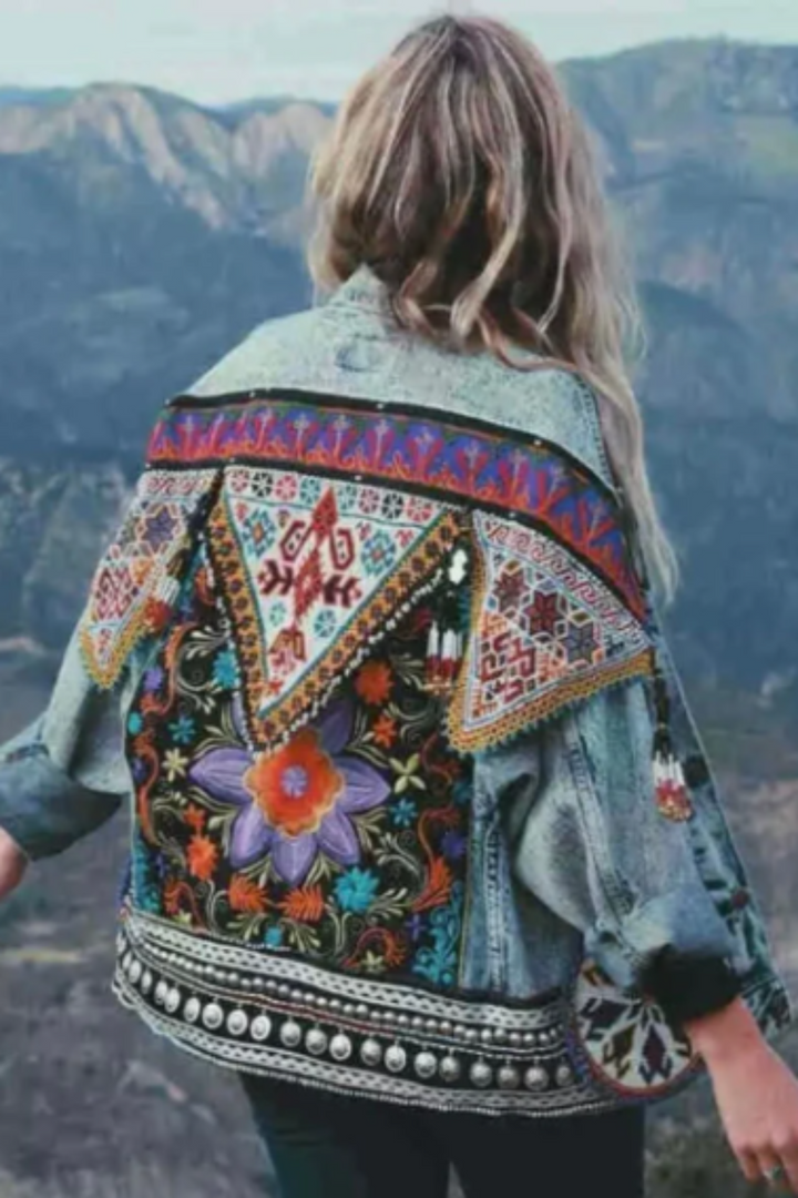 Denim Bohemian Embroidered Back Detail Jacket, Oversized Baggy Multicolor Denim Jacket