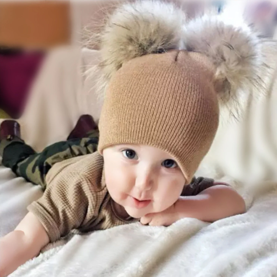 Faux Fur Double Pompom Knitted Hat, Autumn Winter Kids Beanie, Warm Children's Soft Bobble Hat, Toddler Hat