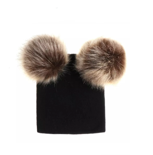 Faux Fur Double Pompom Knitted Hat, Autumn Winter Kids Beanie, Warm Children's Soft Bobble Hat, Toddler Hat