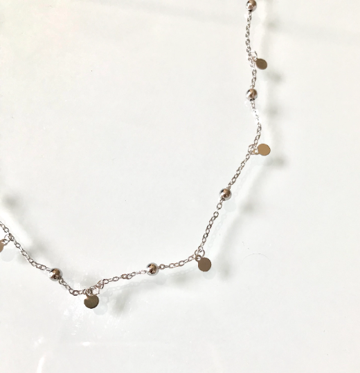 Chic Choker Necklace Silver Finish, Small Silver Beads and Silver Dangling Petals