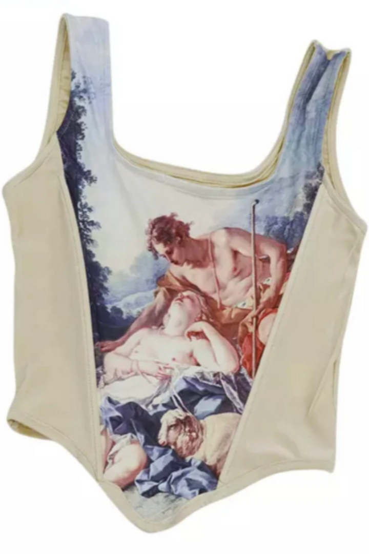 Printed Corset Top, Vintage Sleeveless Boho Vest, Original Design viral Crop Top, Renaissance inspired Gift, Casual Party, Women, Men - Hayati London